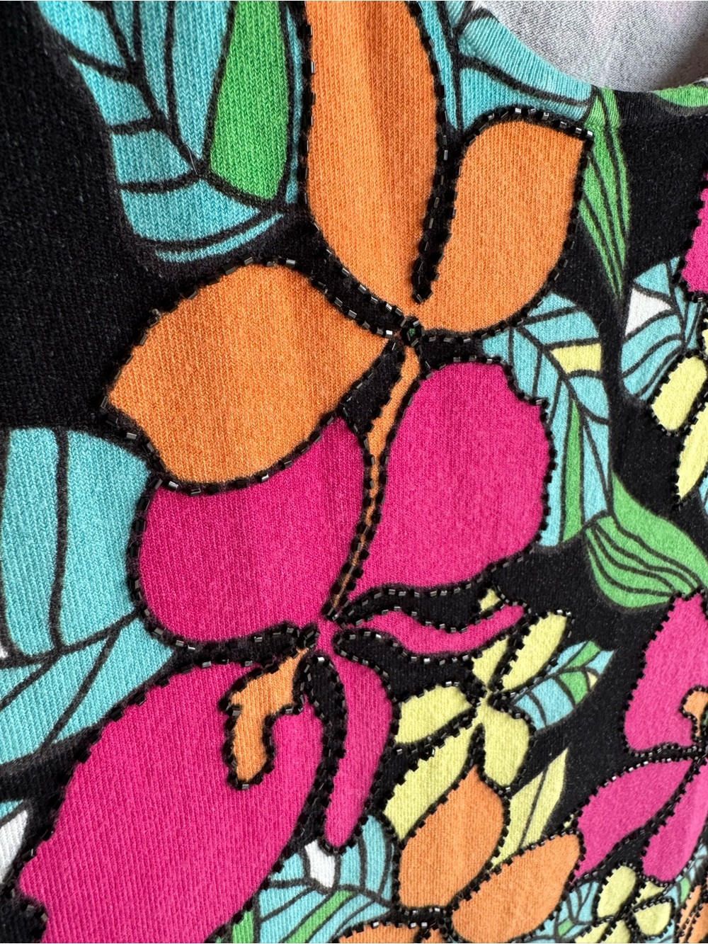 Cache Y2K Tropical Floral Top Medium Bright Stretch Knit Tee Beaded Summer Cute! - Picture 4 of 11